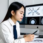 A focused Vietnamese female graphic designer, dressed in professional business casual attire, working diligently at a modern ergonomic desk. She is surrounded by multiple monitors displaying various design interfaces, including a UI/UX wireframe on one screen and abstract generative AI art on another. A digital tablet with a stylus is nearby, and she thoughtfully sketches on a pad. The background is a clean, well-lit contemporary design studio with blurred shelves of design books and small plants. She exhibits perfect anatomy, correct proportions, and a natural pose with well-formed hands and proper finger count. This image is safe for work, appropriate content, fully clothed, and professional. High-quality professional photography, natural body proportions.