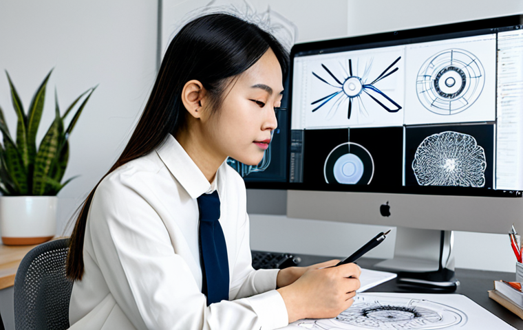 A focused Vietnamese female graphic designer, dressed in professional business casual attire, working diligently at a modern ergonomic desk. She is surrounded by multiple monitors displaying various design interfaces, including a UI/UX wireframe on one screen and abstract generative AI art on another. A digital tablet with a stylus is nearby, and she thoughtfully sketches on a pad. The background is a clean, well-lit contemporary design studio with blurred shelves of design books and small plants. She exhibits perfect anatomy, correct proportions, and a natural pose with well-formed hands and proper finger count. This image is safe for work, appropriate content, fully clothed, and professional. High-quality professional photography, natural body proportions.