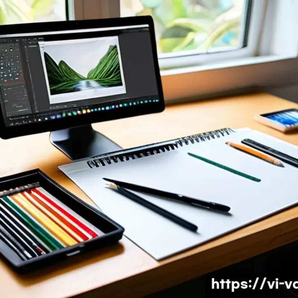 시각디자인 시험 준비물 - A detailed scene of a graphic design student’s workspace in Vietnam preparing for an exam: various a...