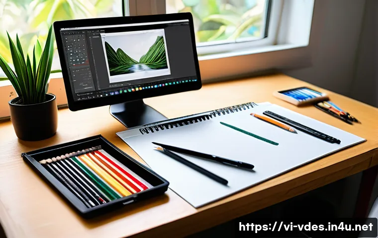 시각디자인 시험 준비물 - A detailed scene of a graphic design student’s workspace in Vietnam preparing for an exam: various a...