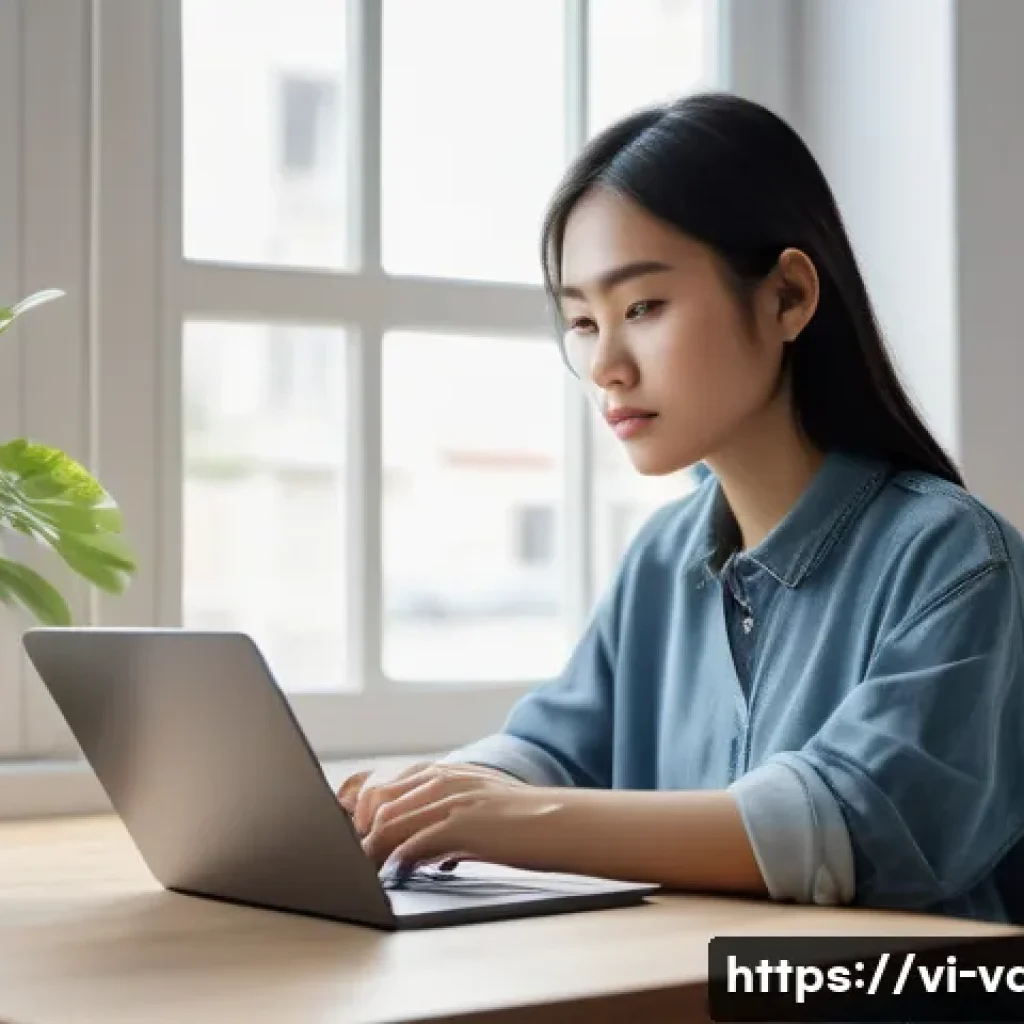 시각디자인 온라인 학습 리소스 - A focused Vietnamese young adult woman sitting at a modern home workspace, attentively watching an o...