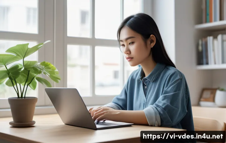 시각디자인 온라인 학습 리소스 - A focused Vietnamese young adult woman sitting at a modern home workspace, attentively watching an o...