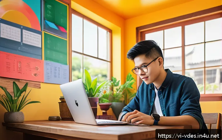 시각디자인 자격증 시험 과목 - A modern graphic design study scene featuring a Vietnamese student in casual smart attire, sitting a...