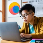 Home 18 시각디자인 자격증 단기 취득 방법 - A focused young Vietnamese graphic design student studying intensely at a modern desk with a laptop ...