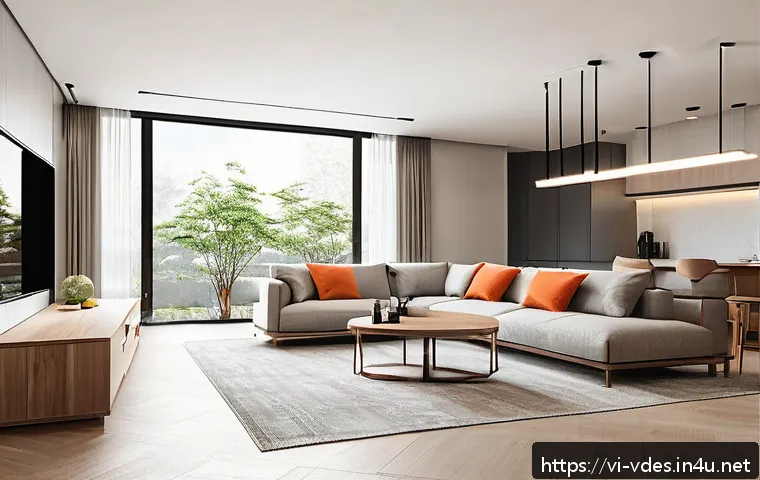 시각디자인과 미디어 아트 - A sleek modern minimalist interior design featuring ample negative space, neutral tones like beige a...